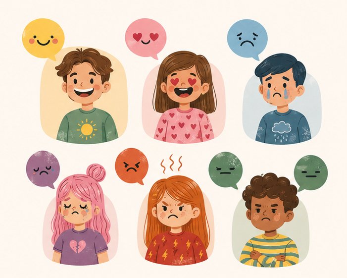 Ilustración de niños expresando diferentes emociones