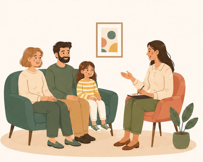 Ilustración de una familia acompañada en una sesión de terapia